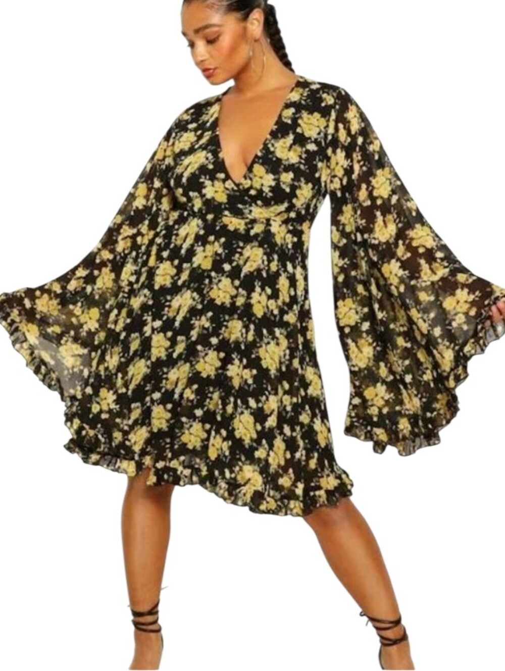 Boohoo Plus Wide Sleeve Skater Floral Dress